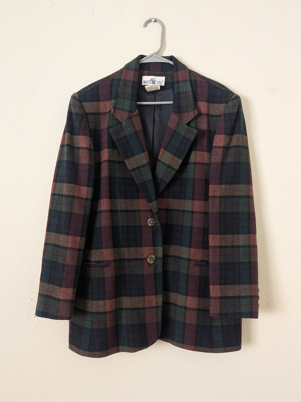 White Stag Womens Wool Blend Blazer, Green Burgundy Blue Tartan Plaid